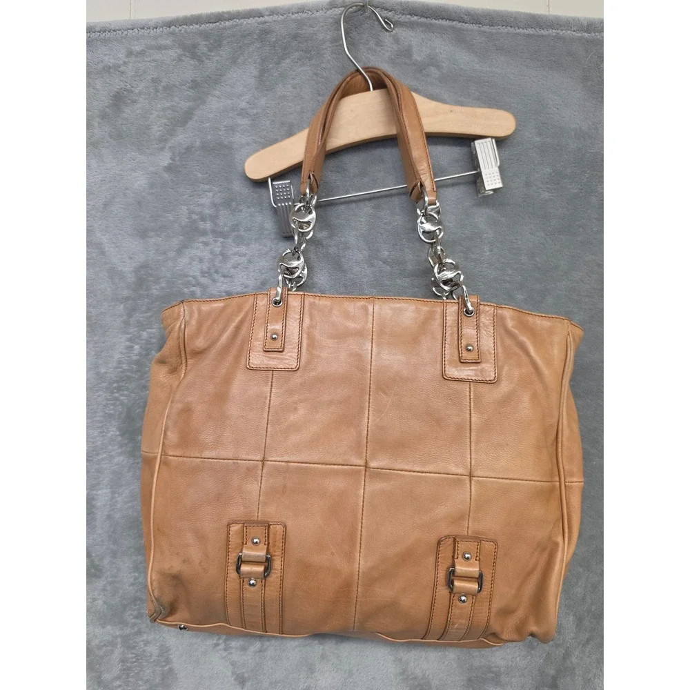 Salvatore Ferragamo Tan Leather Paneled Tote Bag Silver Chain Strap Italy